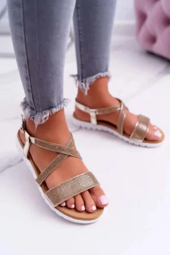 Boto Sandały Płaskie*Damskie Sandały Lu Boo Z Cyrkoniami 406-5 Złote Stella