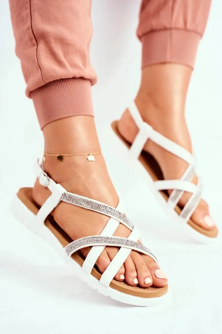 Boto Sandały Płaskie*Damskie Sandały Lu Boo Z Cyrkoniami 406-6 Białe Feen