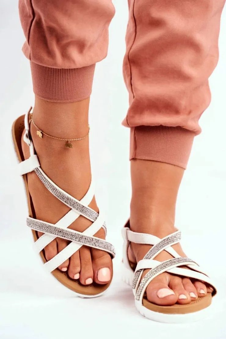 Boto Sandały Płaskie*Damskie Sandały Lu Boo Z Cyrkoniami 406-6 Białe Feen