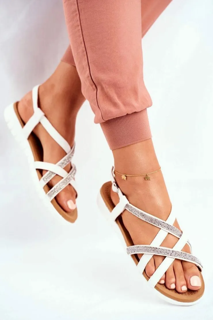 Boto Sandały Płaskie*Damskie Sandały Lu Boo Z Cyrkoniami 406-6 Białe Feen