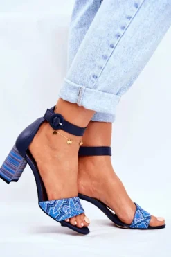 Maciejka Sandały Na Obcasie*Damskie Sandały Skórzane Granatowe 04235-17/00-5