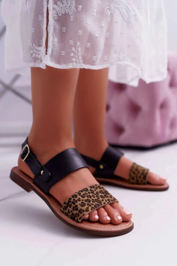 Damskie Maciejka Damskie Sandały Skórzane Panterka Czarne IT001-03