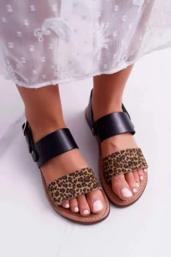 Damskie Maciejka Damskie Sandały Skórzane Panterka Czarne IT001-03
