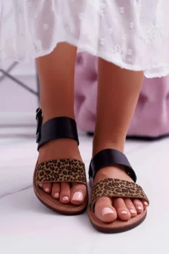 Damskie Maciejka Damskie Sandały Skórzane Panterka Czarne IT001-03