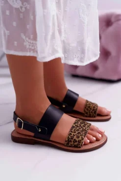 Damskie Maciejka Damskie Sandały Skórzane Panterka Czarne IT001-03