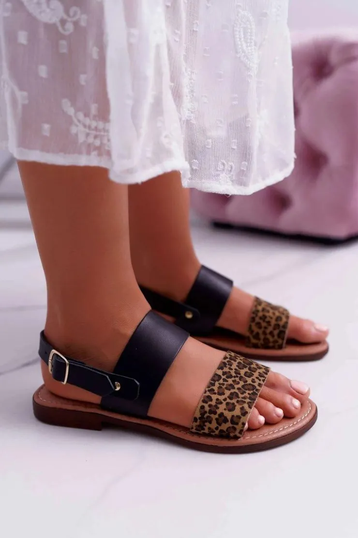 Damskie Maciejka Damskie Sandały Skórzane Panterka Czarne IT001-03