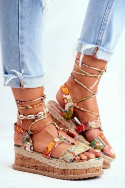 Outlet Boto Damskie Sandały Na Korkowej Platformie Wiązane Pomarańczowe My Way