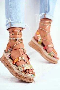 Outlet Boto Damskie Sandały Na Korkowej Platformie Wiązane Pomarańczowe My Way