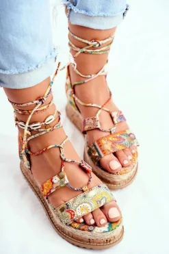 Outlet Boto Damskie Sandały Na Korkowej Platformie Wiązane Pomarańczowe My Way