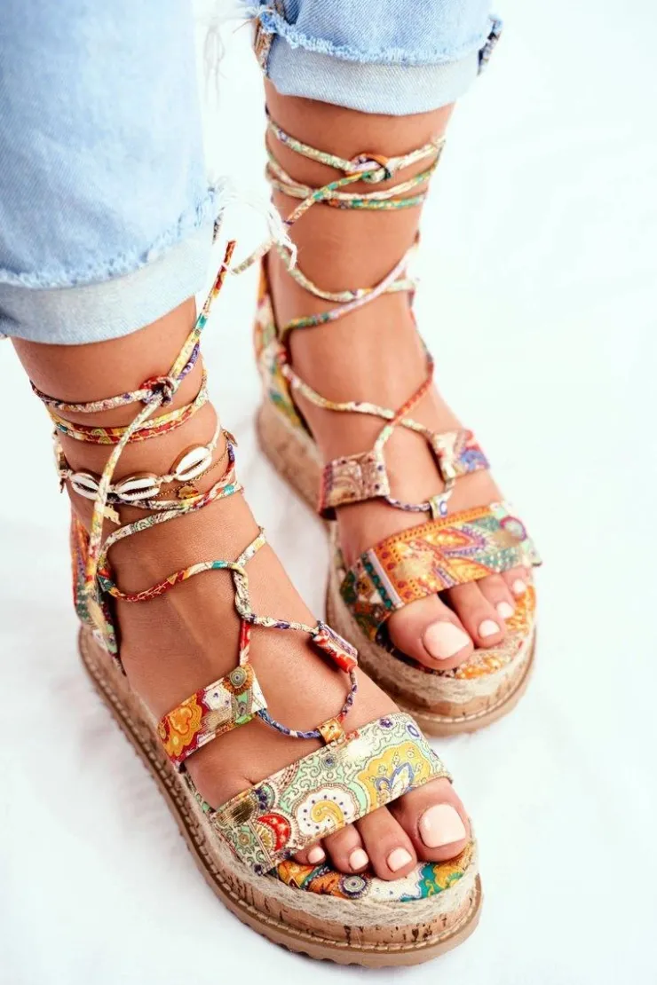 Outlet Boto Damskie Sandały Na Korkowej Platformie Wiązane Pomarańczowe My Way