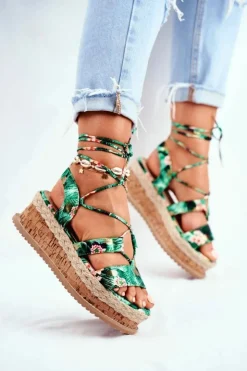 Damskie Boto Damskie Sandały Na Korkowej Platformie Wiązane Zielone My Way