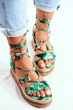 Damskie Boto Damskie Sandały Na Korkowej Platformie Wiązane Zielone My Way