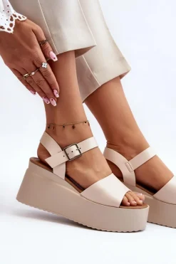 Online Boto Damskie Sandały Na Koturnie Beżowe Geferia