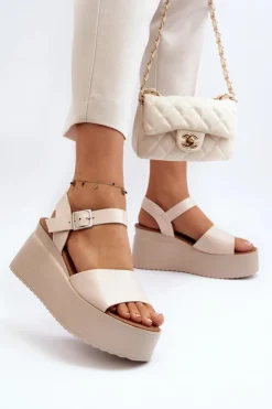 Online Boto Damskie Sandały Na Koturnie Beżowe Geferia