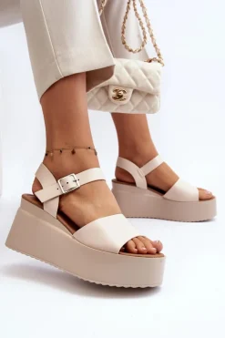 Online Boto Damskie Sandały Na Koturnie Beżowe Geferia