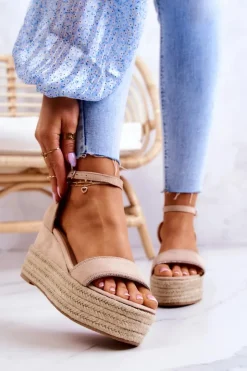 New Boto Damskie Sandały Na Koturnie Z Cyrkoniami Beżowe Linette