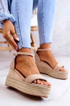 New Boto Damskie Sandały Na Koturnie Z Cyrkoniami Beżowe Linette