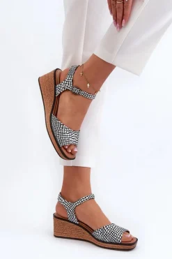 Buty Sergio Leone Sandały Na Koturnie*Damskie Sandały Na Koturnie Sergio Leone SK303 Biało-Czarne