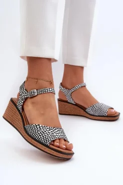 Buty Sergio Leone Sandały Na Koturnie*Damskie Sandały Na Koturnie Sergio Leone SK303 Biało-Czarne