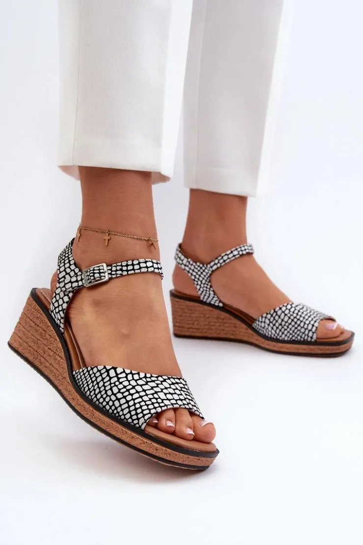 Buty Sergio Leone Sandały Na Koturnie*Damskie Sandały Na Koturnie Sergio Leone SK303 Biało-Czarne