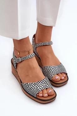 Buty Sergio Leone Sandały Na Koturnie*Damskie Sandały Na Koturnie Sergio Leone SK303 Biało-Czarne