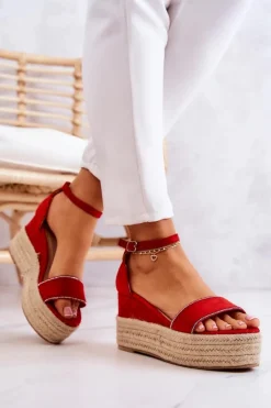 Boto Sandały Na Koturnie*Damskie Sandały Na Koturnie Z Cyrkoniami Czerwone Linette