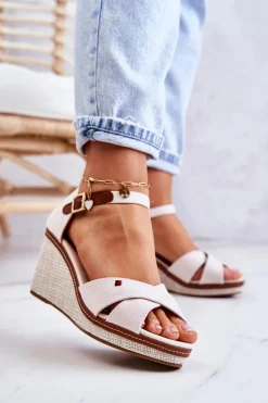 Sale Boto Damskie Sandały Na Koturnie Beżowe Veenus