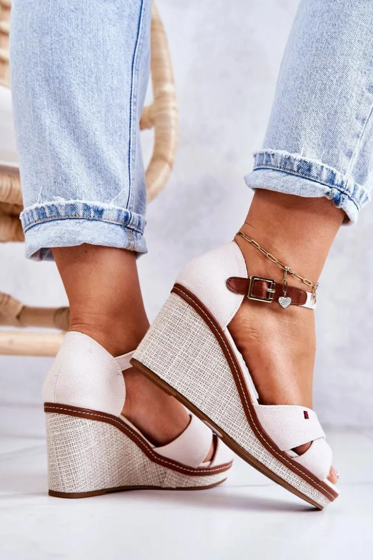 Sale Boto Damskie Sandały Na Koturnie Beżowe Veenus