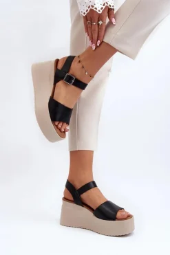 Damskie Boto Damskie Sandały Na Koturnie Czarne Geferia