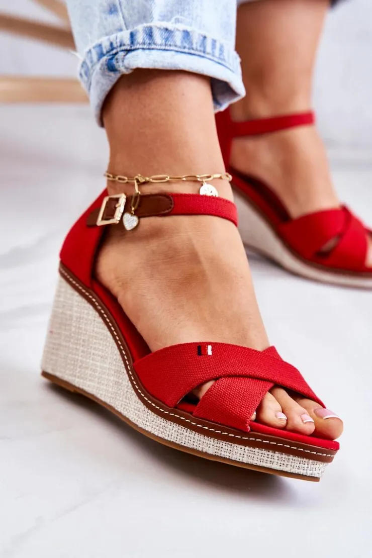 New Boto Damskie Sandały Na Koturnie Czerwone Veenus