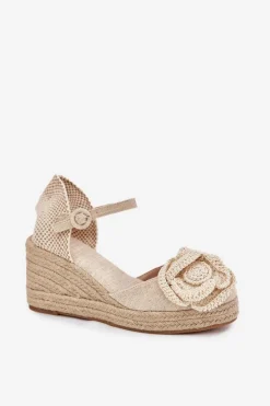 Damskie Boto Damskie Sandały Na Koturnie Z Plecionką I Szydełkowym Kwiatem Beżowe Ismilea