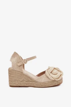Damskie Boto Damskie Sandały Na Koturnie Z Plecionką I Szydełkowym Kwiatem Beżowe Ismilea
