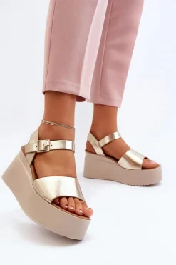 Sale Boto Damskie Sandały Na Koturnie Złote Geferia