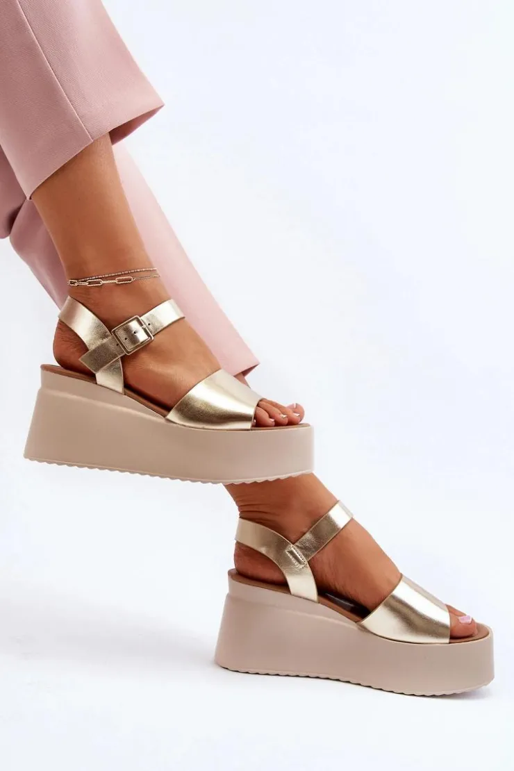 Sale Boto Damskie Sandały Na Koturnie Złote Geferia