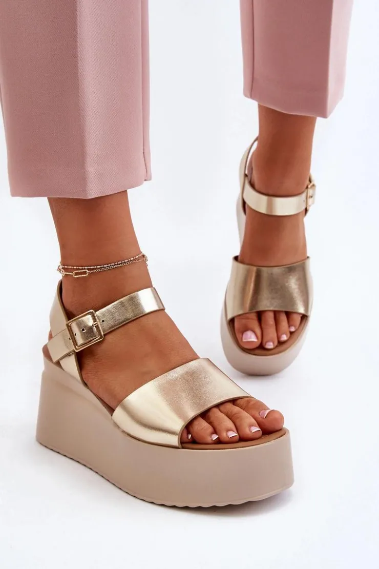 Sale Boto Damskie Sandały Na Koturnie Złote Geferia