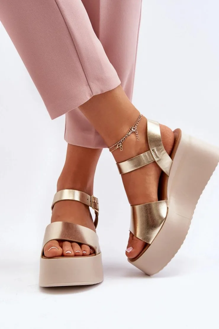 Sale Boto Damskie Sandały Na Koturnie Złote Geferia