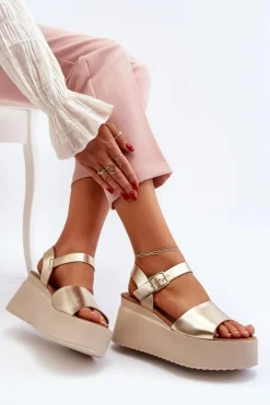 Sale Boto Damskie Sandały Na Koturnie Złote Geferia