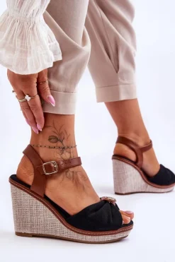 Damskie Boto Damskie Sandały Na Koturnie Z Ozdobą Czarne Candice