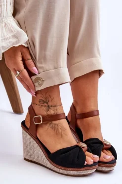 Damskie Boto Damskie Sandały Na Koturnie Z Ozdobą Czarne Candice