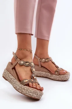 Outlet Damskie buty S.Barski Damskie Sandały Na Koturnie Z Plecionką S.Barski MY291 Beżowe