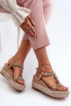 Outlet Damskie buty S.Barski Damskie Sandały Na Koturnie Z Plecionką S.Barski MY291 Beżowe