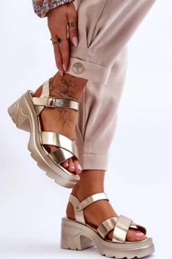 Boto Sandały Na Obcasie*Damskie Sandały Na Masywnym Obcasie Złote Hillary