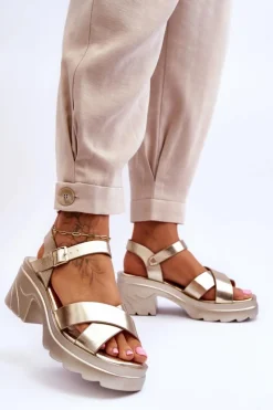 Boto Sandały Na Obcasie*Damskie Sandały Na Masywnym Obcasie Złote Hillary