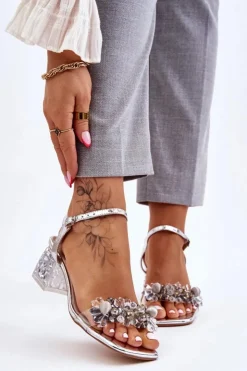 Damskie buty S.Barski Sandały Na Obcasie*Damskie Sandały Na Niskim Obcasie Z Ozdobami Srebrne Benicio