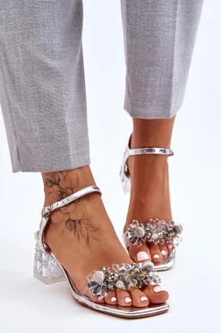 Damskie buty S.Barski Sandały Na Obcasie*Damskie Sandały Na Niskim Obcasie Z Ozdobami Srebrne Benicio