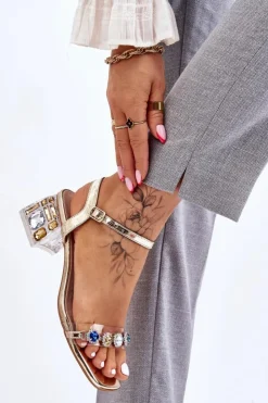 Discount Damskie buty S.Barski Damskie Sandały Na Obcasie Z Kryształkami Złote Esma