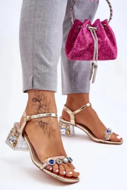 Discount Damskie buty S.Barski Damskie Sandały Na Obcasie Z Kryształkami Złote Esma