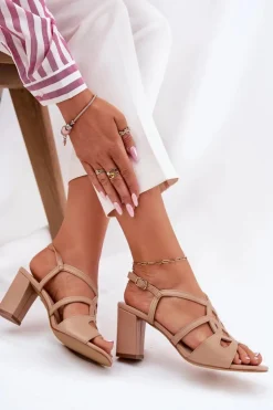 Discount Buty Sergio Leone Damskie Sandały Na Obcasie Słupku Sergio Leone SK884 Beżowe Beżowy