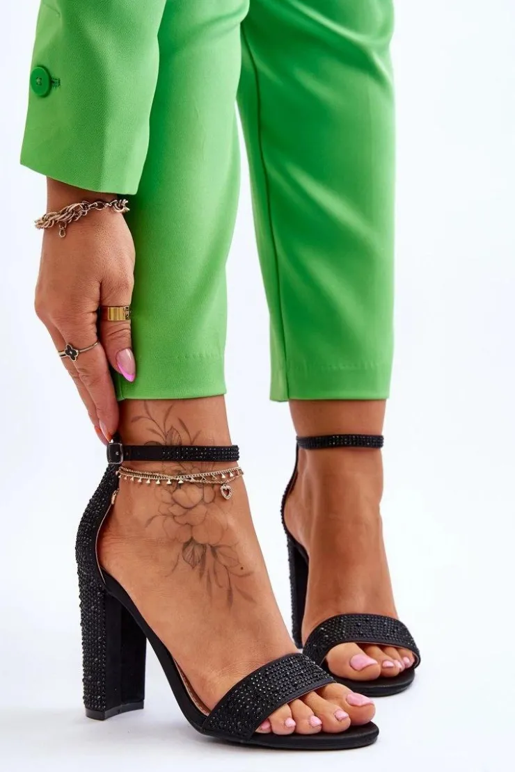 Outlet Boto Damskie Sandały Na Obcasie Z Cyrkoniami Czarne Idealistic