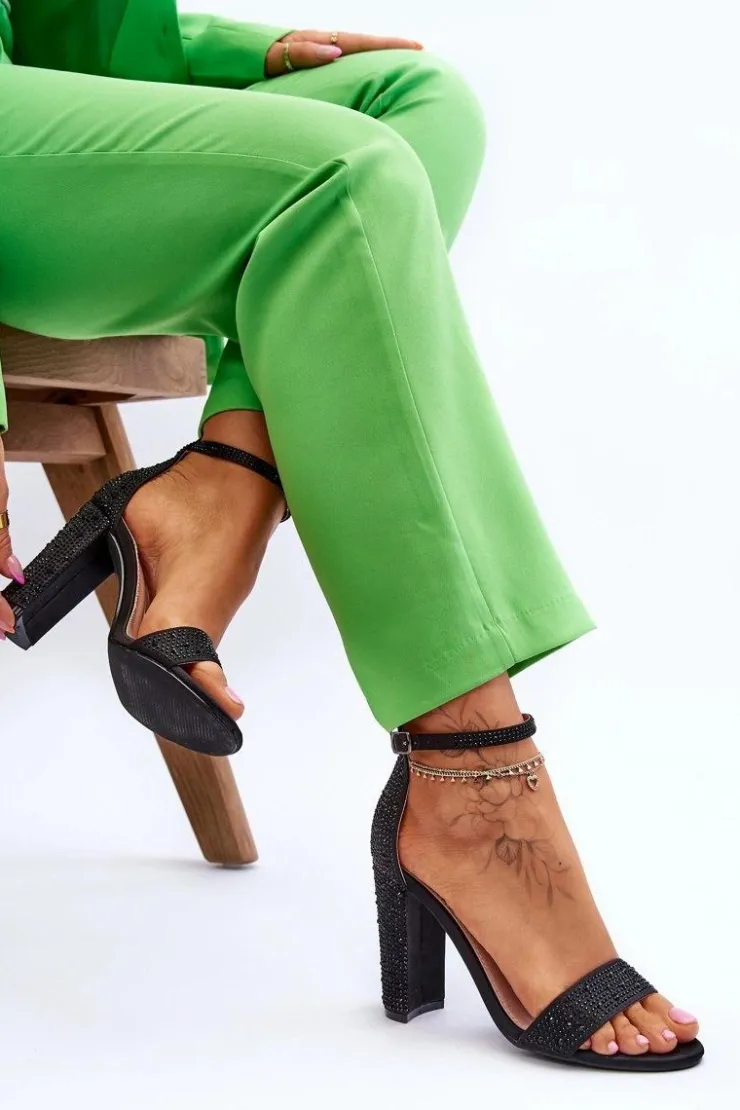 Outlet Boto Damskie Sandały Na Obcasie Z Cyrkoniami Czarne Idealistic